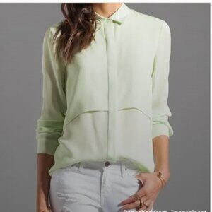 Theory Silk Mint Lime Green Long Sleeve Button Down Front Collared Shirt sz L